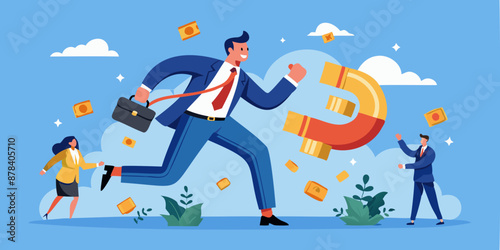 Businessman with High-Power Magnet Attracting Business Opportunities, Money, and Customers