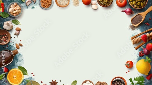 An array of assorted cooking ingredients including spices, herbs, vegetables, and fruits is arranged around the edges of the image, leaving ample space in the center for text or other content.