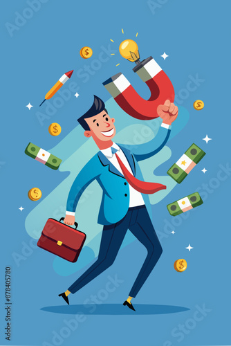Businessman with High-Power Magnet Attracting Business Opportunities, Money, and Customers