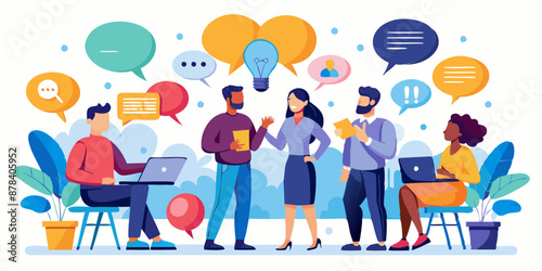 Businesspeople discussing ideas and solutions through chat bubbles, brainstorming for effective communication and problem-solving