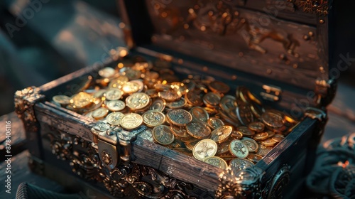 ancient treasure chest overflowing with gleaming gold coins and jewels ornate details on the weathered wooden box suggest a pirates longlost bounty photo