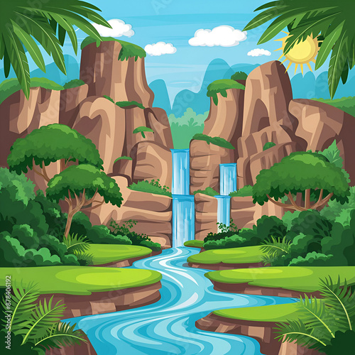 Jungle landscape with rocky cliff mountains and waterfall. Cartoon vector rainforest scenery with falling water in river stream, green trees and bushes, blue sunny sky. Tropical natural scene photo