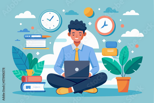 Calm and Confident Leader Thrives Under Pressure, Completing Work on Time with Laptop and Paperwork in Hand