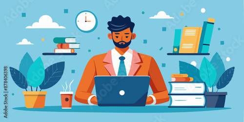 Calm and Confident Leader Thrives Under Pressure, Completing Work on Time with Laptop and Paperwork in Hand