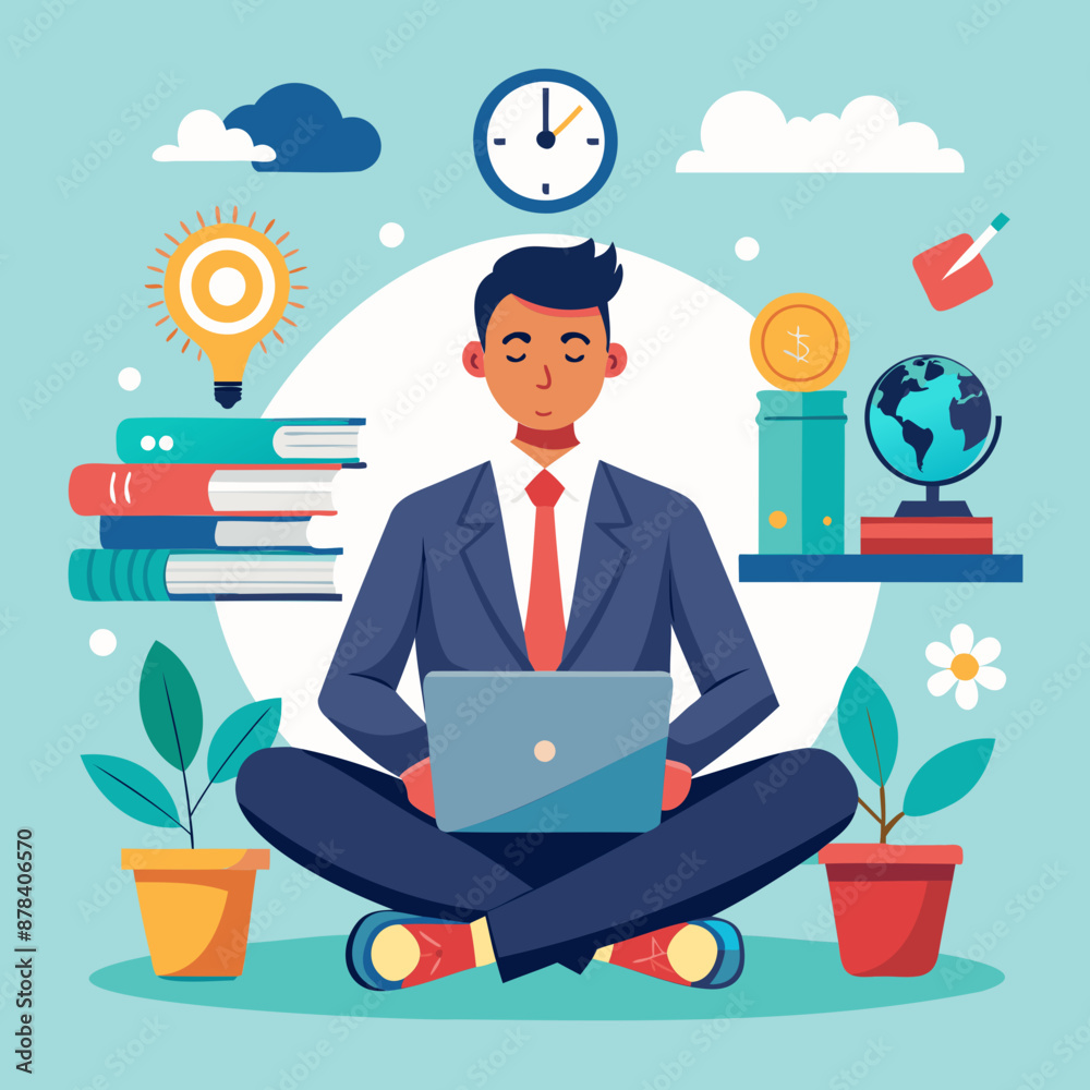 Calm and Confident Leader Thrives Under Pressure, Completing Work on Time with Laptop and Paperwork in Hand Calm and Confident Leader Thrives Under Pressure, Completing Work on Time with Laptop and Paperwork in Hand