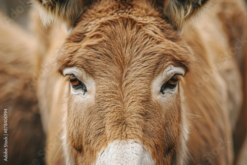 closeup portrait of a wiselooking donkey capturing intricate fur texture and soulful eyes earthy tones and natural lighting photo