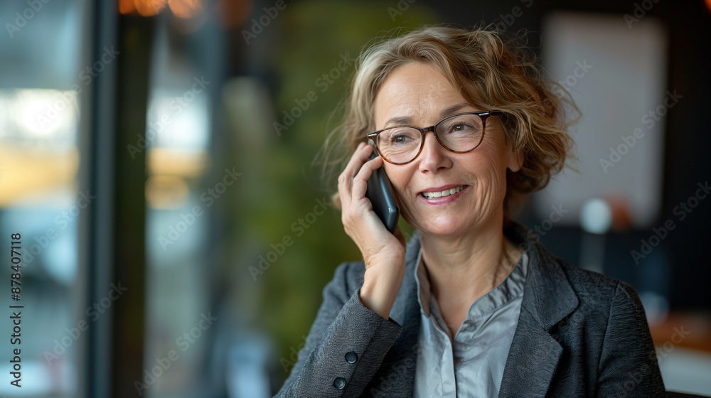 Woman speaks on phone by big window Woman speaks on phone by big window