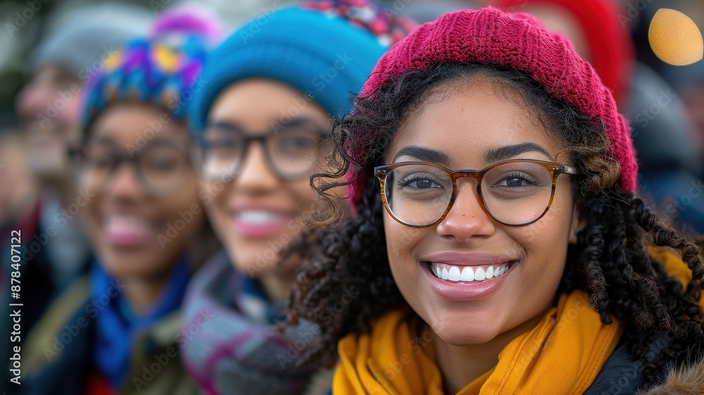 Smiling woman in glasses and beanie, surrounded by friends in colorful winter attire, enjoying the outdoors together. Smiling woman in glasses and beanie, surrounded by friends in colorful winter attire, enjoying the outdoors together.