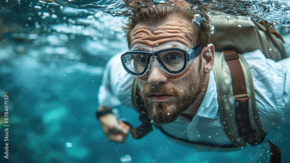 Fototapeta premium Man with goggles swimming underwater, wearing a shirt and looking determined, surrounded by clear blue water and making eye contact with the camera.