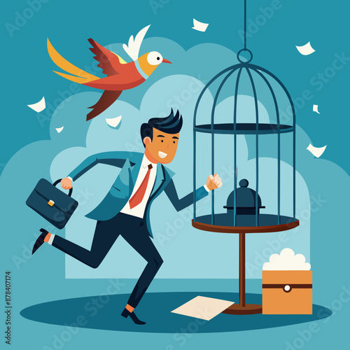 Confident businessman breaking free from toxic desk birdcage, representing quitting exhausting jobs to pursue new opportunities or retirement