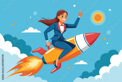 Confident businesswoman entrepreneur riding rocket, successful startup and professional management concept