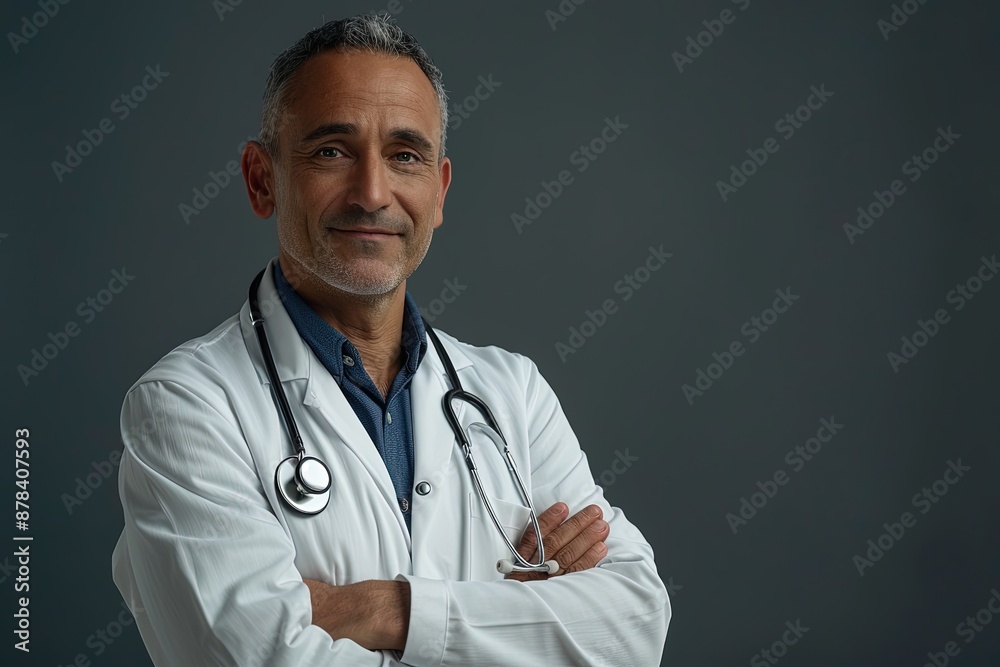A man in a white lab coat is smiling and holding his arms crossed A man in a white lab coat is smiling and holding his arms crossed