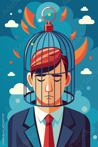 Depressed businessman with caged head, symbolizing limited understanding, creativity blockers, fear of challenges, biases, and lack of intelligence