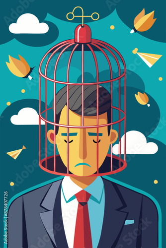 Depressed businessman with caged head, symbolizing limited understanding, creativity blockers, fear of challenges, biases, and lack of intelligence