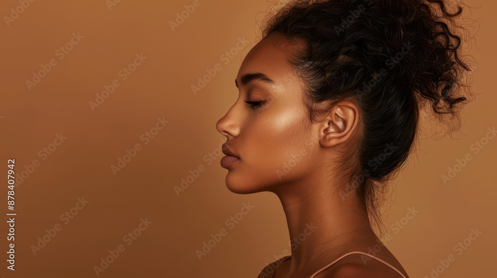 captivating portrait of latina beauty side profile of young woman with flawless skin and striking features against warm brown backdrop soft lighting enhances natural beauty and cultural pride captivating portrait of latina beauty side profile of young woman with flawless skin and striking features against warm brown backdrop soft lighting enhances natural beauty and cultural pride