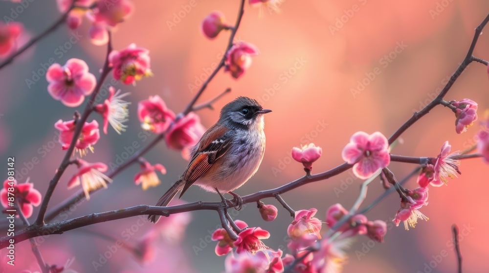 Serene Bird Perched on Blossoming Tree Branch in Springtime Serene Bird Perched on Blossoming Tree Branch in Springtime