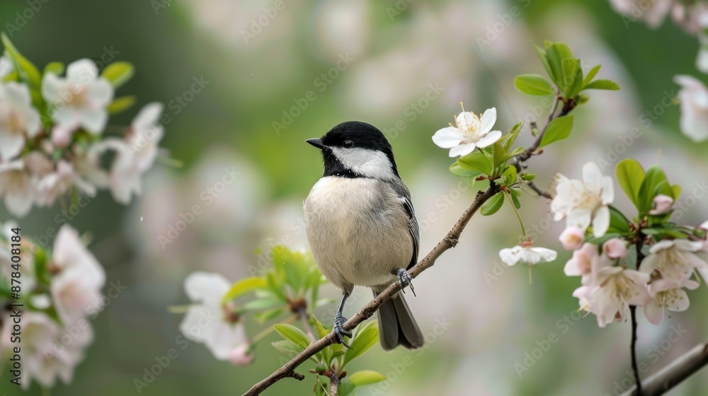 Serene Bird Perched on Blossoming Tree Branch in Spring Garden Serene Bird Perched on Blossoming Tree Branch in Spring Garden