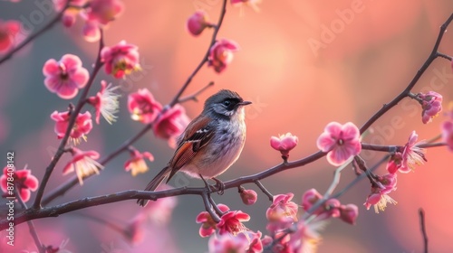 Serene Bird Perched on Blossoming Tree Branch in Springtime