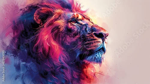 Majestic lion with colorful mane gazing up in awe, painted in vibrant style © Viktoriia