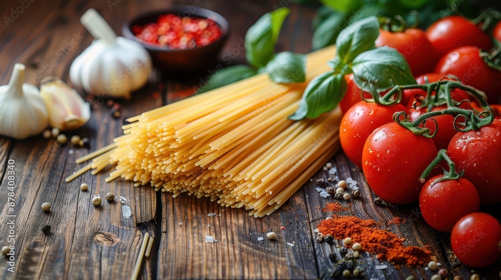 A still life of uncooked spaghetti, fresh tomatoes, garlic, basil, and spices on a rustic wooden table highlights the beauty of fresh ingredients in cooking.