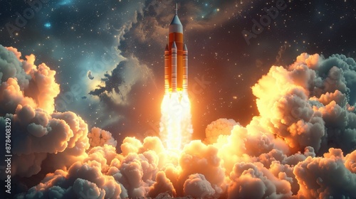 Launching new product or service. Space rocket launch with vibrant flames and smoke, symbolizing innovation and progress. 3D render of technology development process.