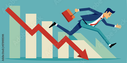 Failed Businessman Running from Falling Arrow Chart, Depicting Economic Recession, Stock Market Crash, and Investment Losses