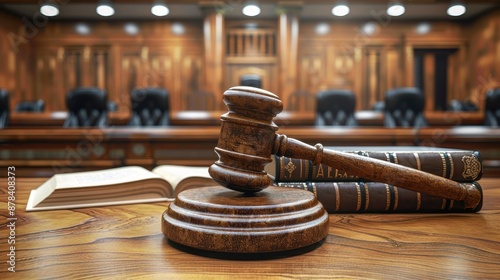 This image depicts a courtroom table with a gavel and stacked legal books, set against a backdrop of elegant wooden decor, symbolizing justice, order, and legal tradition.