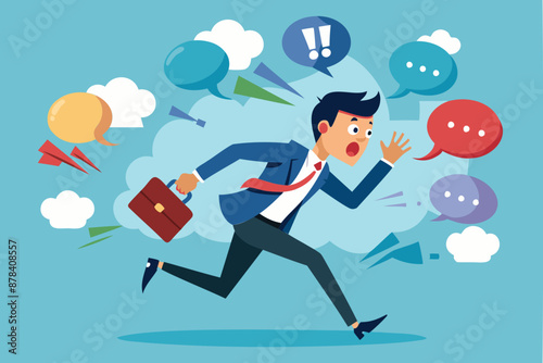 Frustrated Businessman Flees Collapsing Speech Bubbles, Overwhelmed by Communication Overload and Inefficient Meetings