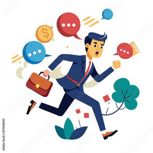 Frustrated Businessman Flees Collapsing Speech Bubbles, Overwhelmed by Communication Overload and Inefficient Meetings