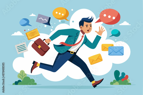 Frustrated Businessman Flees Collapsing Speech Bubbles, Overwhelmed by Communication Overload and Inefficient Meetings