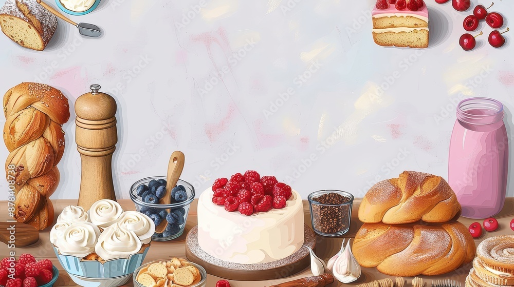 A delightful assortment of baked goods, including a cheesecake adorned with raspberries, accompanied by a rustic loaf, swirled buns, and topped with whipped cream. A delightful assortment of baked goods, including a cheesecake adorned with raspberries, accompanied by a rustic loaf, swirled buns, and topped with whipped cream.