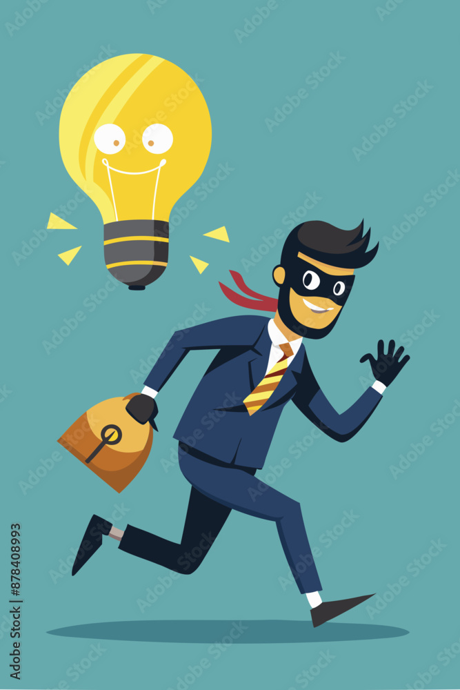 Intellectual Property Theft: Thief in Black Stealing Bright Idea from Rightful Owner, Running Away with Glowing Light Bulb Intellectual Property Theft: Thief in Black Stealing Bright Idea from Rightful Owner, Running Away with Glowing Light Bulb