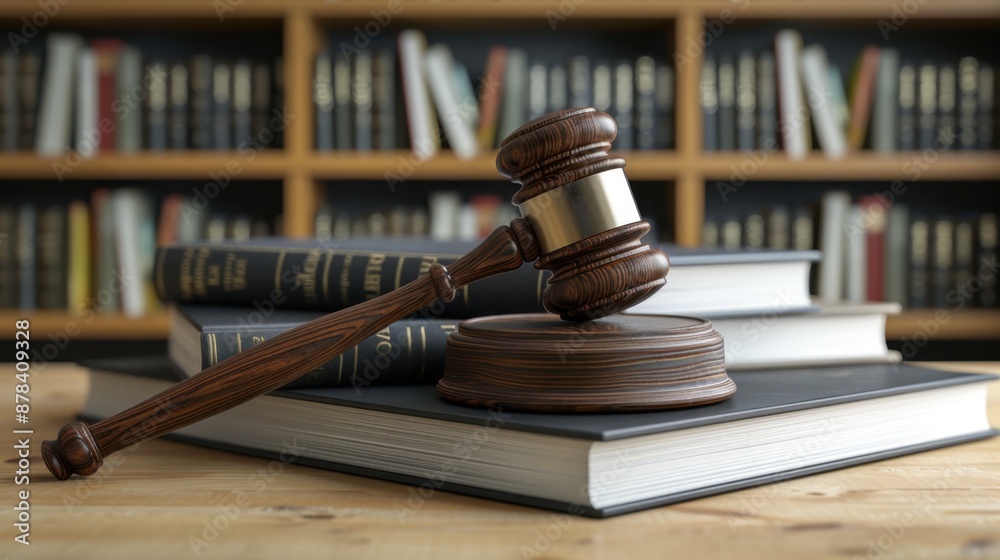 A wooden judge gavel resting on law books, symbolizing justice and the legal system in a detailed 3D illustration.