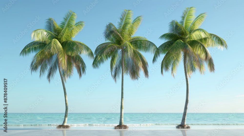 Obraz premium Three 3D rendered coconut palm trees isolated against a clear background, perfect for tropical designs.