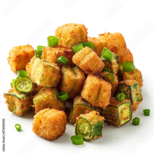 A high-resolution image of crispy fried okra pieces garnished with green onions, showcasing a delicious Southern staple.