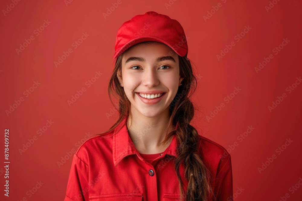 A female delivery driver wearing a red shirt and a red hat is smiling