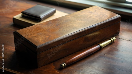 Wooden pen box placed on the table