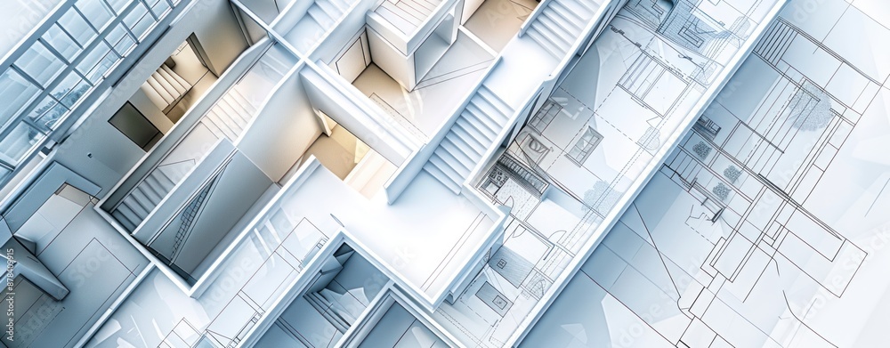 Architectural Model of a Modern Building with Blueprint Overlay Architectural Model of a Modern Building with Blueprint Overlay