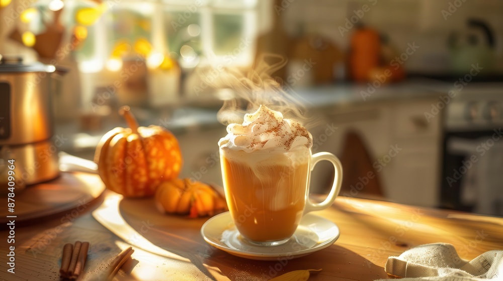 cozy autumn indulgence steaming pumpkin spice latte with whipped cream in sunlit kitchen seasonal food photography cozy autumn indulgence steaming pumpkin spice latte with whipped cream in sunlit kitchen seasonal food photography