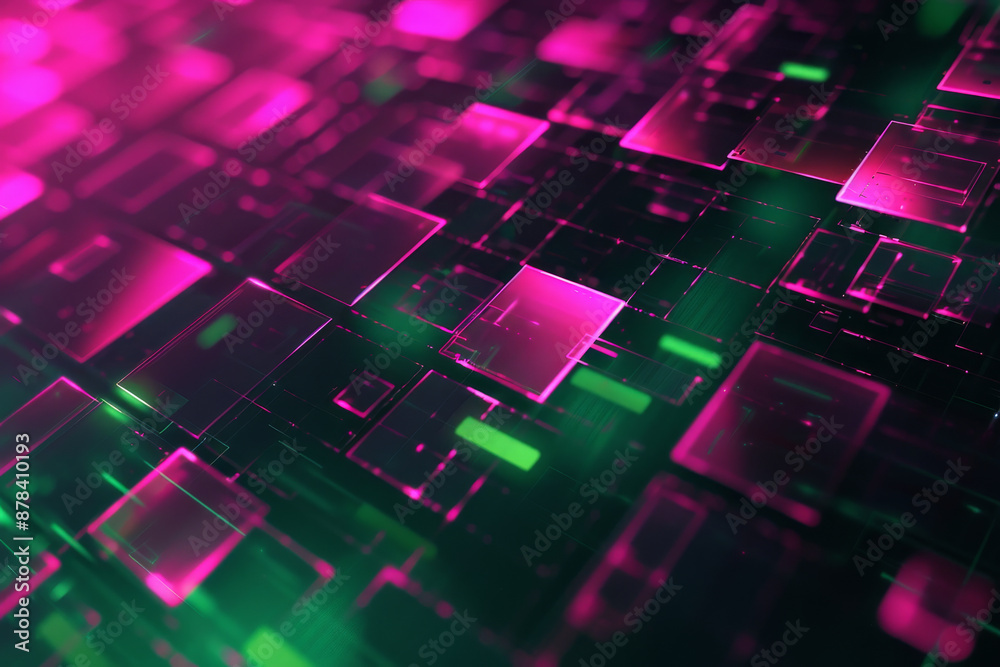 Modern pink and green abstract 3D background with squares, textured geometric backdrop for digital projects. Geometric shapes overlap. Futuristic neon grid. Vibrant electric colors on dark canvas. Modern pink and green abstract 3D background with squares, textured geometric backdrop for digital projects. Geometric shapes overlap. Futuristic neon grid. Vibrant electric colors on dark canvas.
