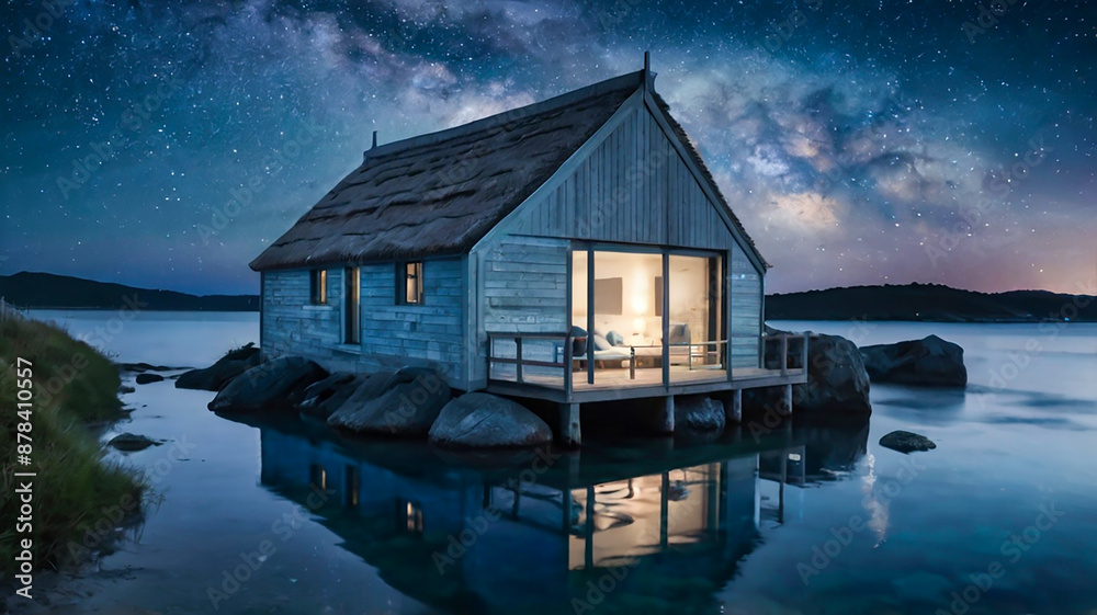 Fototapeta premium 星空の下の水上のコテージ