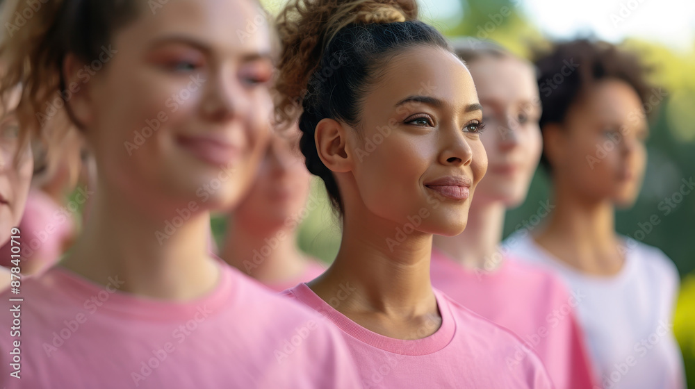 Group of diverse women in pink shirts participating in charity walk, urban park setting, inspiring atmosphere. Breast cancer awareness month. Group of diverse women in pink shirts participating in charity walk, urban park setting, inspiring atmosphere. Breast cancer awareness month.