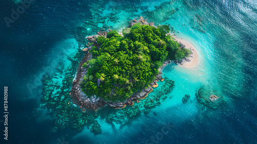 Drone view of a picturesque island with white sandy beaches, turquoise waters, and a coral reef surrounding it, making it a perfect paradise for nature lovers and vacationers