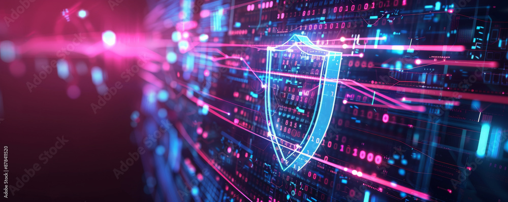 Obraz premium High-tech cyber security background featuring a glowing shield icon, binary code, and abstract lines representing secure connections.