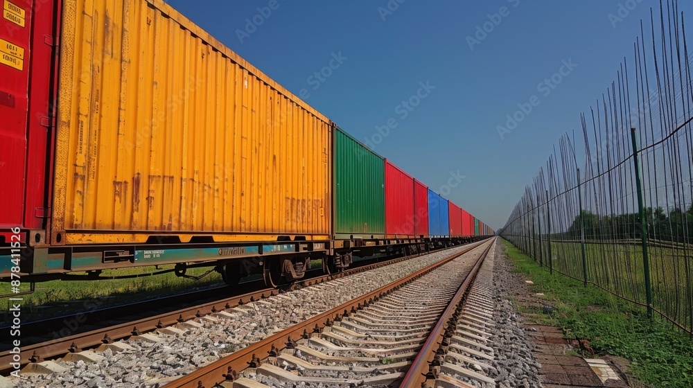 Freight train wagon filled with containers against a clear sky background. Industrial and transport theme. Freight train wagon filled with containers against a clear sky background. Industrial and transport theme.