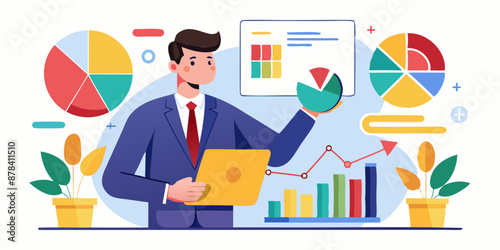 Strategic businessman analyzes pie chart data to forecast market trends and optimize investment portfolio for maximum returns