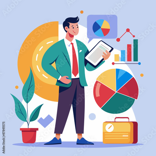 Strategic businessman analyzes pie chart data to forecast market trends and optimize investment portfolio for maximum returns