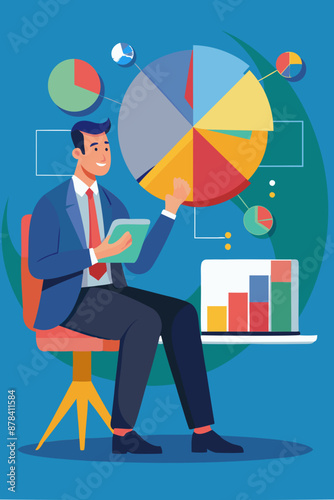 Strategic businessman analyzes pie chart data to forecast market trends and optimize investment portfolio for maximum returns