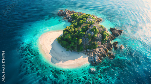 Drone view of a picturesque island with white sandy beaches, turquoise waters, and a coral reef surrounding it, making it a perfect paradise for nature lovers and vacationers