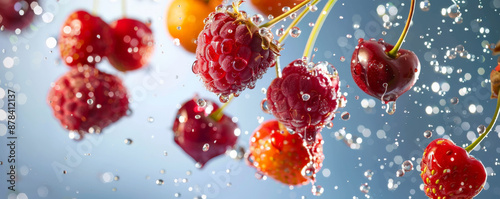 Freshly picked berries and cherries, suspended in mid-air with water droplets, emphasizing their juiciness and vibrant colors. photo